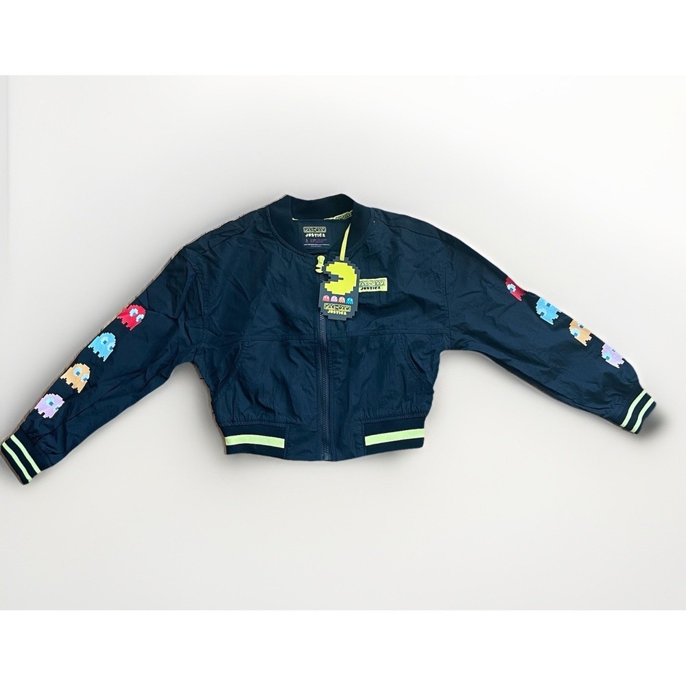 Pac-Man x Justice Girls Mini Black Bomber Jacket Size Small (7/8) Embroidered